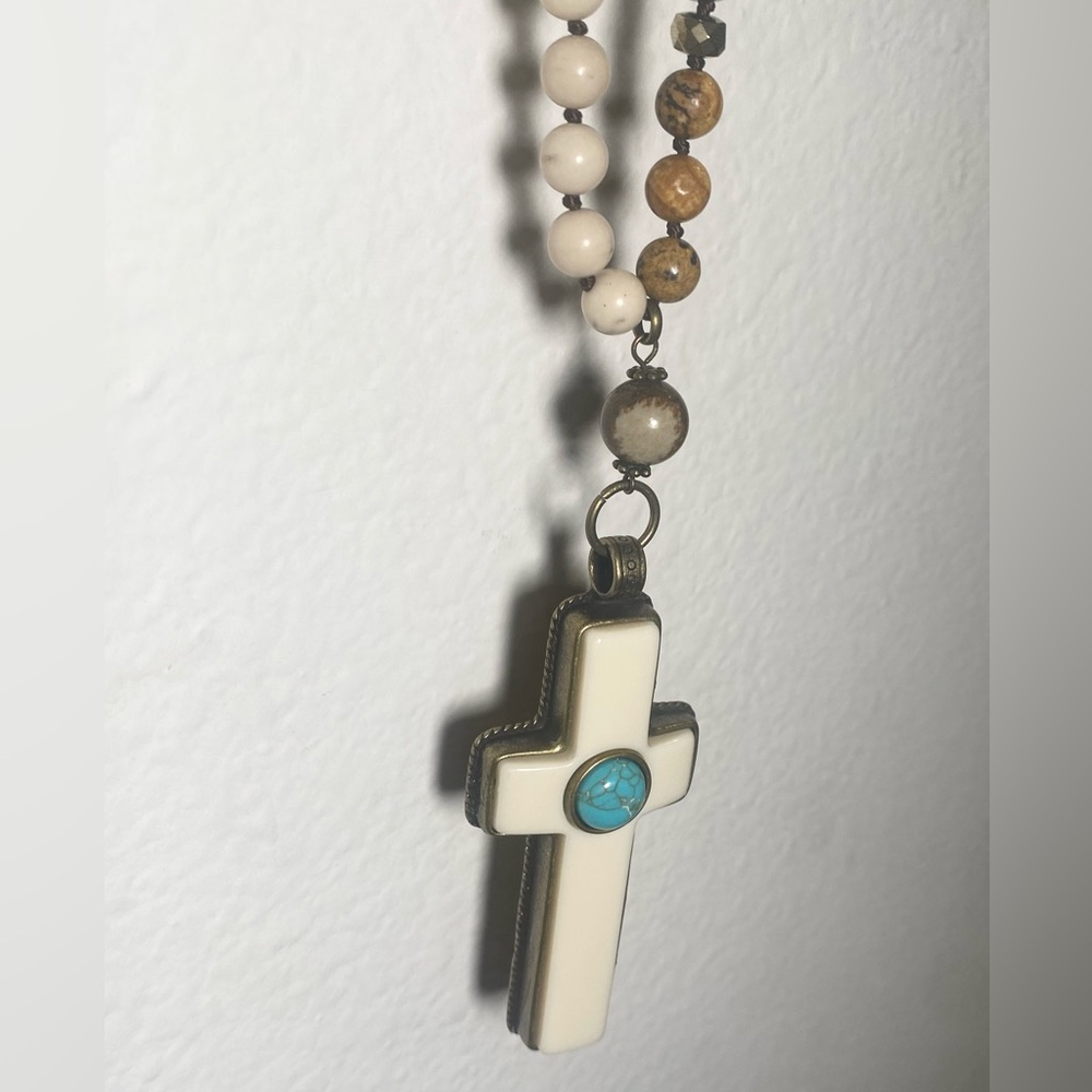 Beaded Cross Necklace with Turquoise Accent